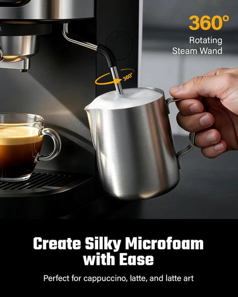 Professional Espresso Machine With Rapid Milk Frother And Pro Steam Wand For Silky Lattes And Bold Cappuccinos 15 Bar Pressurized Pump 1550 Watt Home Barista Kit For Your Daily Grind Squad using a 360° steam wand to create microfoam.