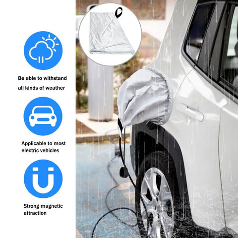 Heavy Duty EV Charger Plug Port Cover Featuring Hella Tough Weatherproof Polyester Build And Super Solid Magnetic Snap Protection For Seamless Electric Car Battery Charging Anywhere in rain.