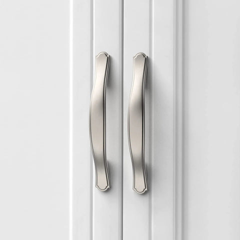 Front view of 10 Pack 3 Inch Brushed Satin Nickel Cabinet Handles Set for kitchen cupboards and drawers installed on white doors
