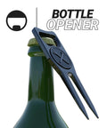 Six In One Premium Golf Divot Tool With Magnetic Ball Marker Bottle Opener Club Tee Groove Cleaner And Putting Alignment in use as bottle opener