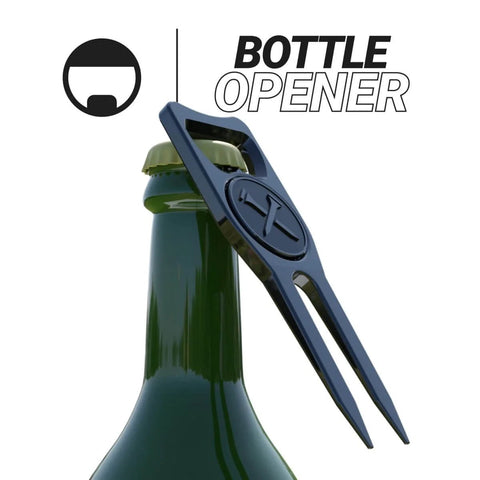 Six In One Premium Golf Divot Tool With Magnetic Ball Marker Bottle Opener Club Tee Groove Cleaner And Putting Alignment in use as bottle opener