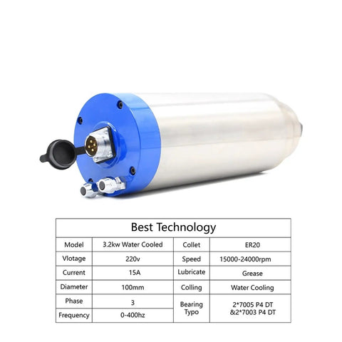 3.2Kw Water Cooled Spindle Motor ER20 Router Engraving Machine Woodworking Milling 24000 RPM 220V with blue cap and detail view.