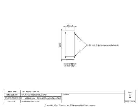 Grade 5 Titanium Dowel Pins 10 Pack 1/8 By 3/8 Inch Polished Alloy Fasteners detailed specification drawing with dimensions.