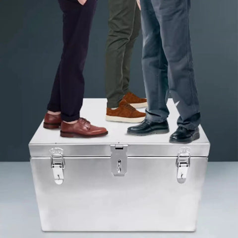 Heavy Duty Stainless Steel Outdoor Tool Box With Silent Hydraulic Lift And Double Latch Weatherproof Storage For Home Garage Workshop Warehouse Or Job Site 59 Inch Long, front view with people standing on lid