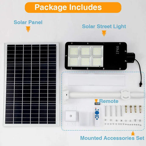 Beast Mode Bright 300W Solar Street Light With Remote Control package including solar panel, light, and accessories