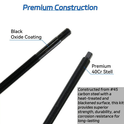 Close-up of black oxide coated and premium 40Cr steel rods from the Five-Piece Long Reach Harmonic Balancer Installer Kit.