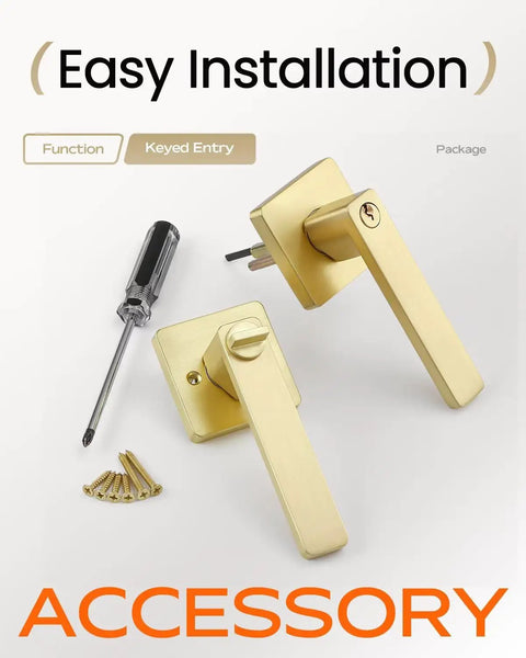 Built Tough Heavy Duty Gold Door Lock Set With Keys For Interior Or Exterior Doors, satin brass levers and screws shown