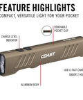 Slayer 1150 Lumen USB C Rechargeable LED Flashlight in dune finish with removable pocket clip and aluminum body
