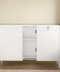 Top Notch White Pedestal Sink Cabinet With Double Doors And Adjustable Shelving features u shape cutout for plumbing, 35x12x23.6 size.
