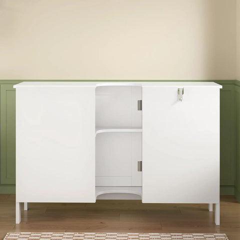 Top Notch White Pedestal Sink Cabinet With Double Doors And Adjustable Shelving features u shape cutout for plumbing, 35x12x23.6 size.