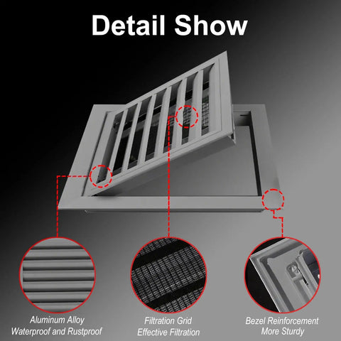 Top Tier Slick Aluminum Access Panel 16x16 Inch Sliding Shutter Style Inspection Door With Hidden Catch, showing details of waterproof aluminum alloy and filtration grid.