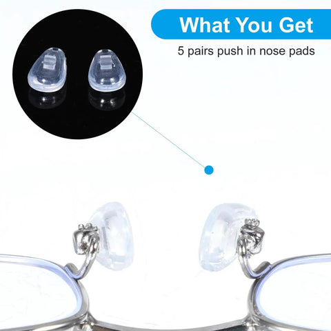 Close-up of Six Pairs Silicone Eyeglass Nose Pads Set with Screws and Micro Screwdriver, transparent soft cushions installed on glasses.