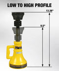 Heavy Duty Five Ton Car Support Screw Jack For Home Garage Construction And Bridge Stabilization Pro Grade Lift With Adjustable Range From Nine And A Half To Thirteen And Three Eighths Inches Rugged Anti Skid Base And Saddle Ten Thousand Pounds Capacity front view with size measurements