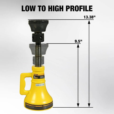 Heavy Duty Five Ton Car Support Screw Jack For Home Garage Construction And Bridge Stabilization Pro Grade Lift With Adjustable Range From Nine And A Half To Thirteen And Three Eighths Inches Rugged Anti Skid Base And Saddle Ten Thousand Pounds Capacity front view with size measurements