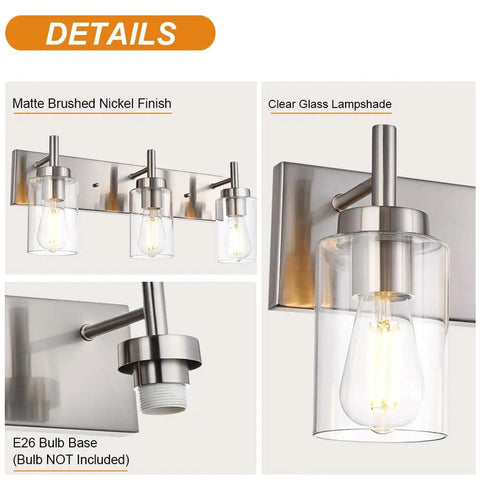 Vanity Bathroom Light Fixture In Brushed Nickel, 3 Light Modern Wall Sconce With Clear Glass Shades, Vintage Rustic Porch Wall Lamp Detail