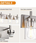 Four Light Brushed Nickel Bathroom Vanity Light Fixture, Modern Industrial Wall Sconces, clear glass lampshade, detail view