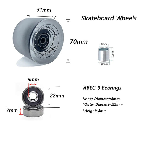 70mm Longboard Wheels 51mm Wide With 80A Hardness And ABEC-9 Bearings, Includes Spacers, Riser Pads And All Hardware, Clear Finish