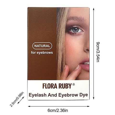 Flora Ruby Eyelash And Eyebrow Dye packaging with natural for eyebrows label, dimensions 6cm x 9cm.