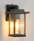 Large 14 Inch Outdoor Wall Lantern With Wood Grain Finish And Clear Glass Anti Rust Exterior Sconce For Patio Garage Farmhouse Weatherproof Black Porch Light