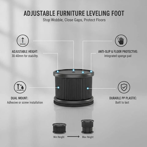Adjustable Furniture Leveling Foot For Cabinets Desks And Tables Black PP Plastic Base With Grippy Sponge Pad Adhesive Or Screw Mount