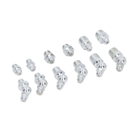 Assorted fittings from 130 Piece SAE Zerk Grease Fittings Kit With 12 Types Brass And Zinc Nipples For Equipment Maintenance.