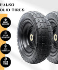 10 Inch Solid Replacement Tire And Wheel For Cart Dolly And Hand Truck With Five Eighth Inch Axle Bore And Double Sealed Bearings Set Of Four Flat Free, featuring durable tread and solid steel rims.