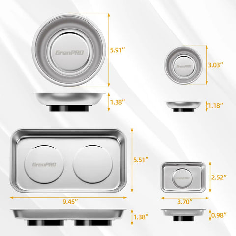 Four Piece Magnetic Tray Set In Stainless Steel With Strong Magnets Includes 3 Inch 6 Inch Square And Shallow Trays For Garage Workshop