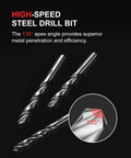 Three high-speed steel drill bits with spiral flutes and chrome finish; 135° apex angle inset.