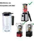 Extra Pitcher Jar For K95 Blender 85oz 2400ml Clear Cup With Short Blade Assembly displayed next to compatible blenders.