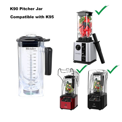 Extra Pitcher Jar For K95 Blender 85oz 2400ml Clear Cup With Short Blade Assembly displayed next to compatible blenders.