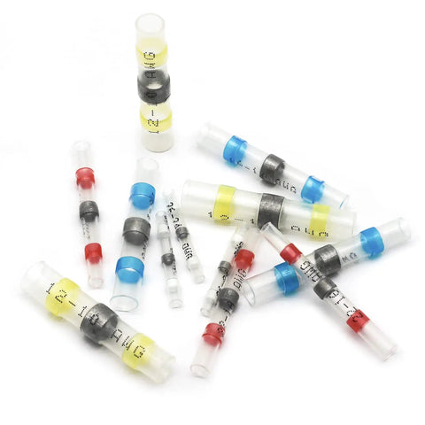 Heavy Duty Solder Seal Wire Connectors 100 Pack Tough As Nails Marine Grade Waterproof Heat Shrink Butt Terminals on white background.