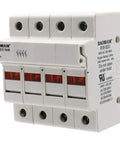 Heavy Duty 4 Pole DIN Rail Fuse Holder for 10x38mm Fuses, 32A 690VAC, RT18-32 Compatible, LED Indicator visible, side view.
