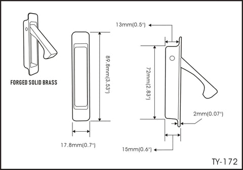 Dimensions and design of Forged Solid Brass Edge Pull For Sliding Pocket Doors, Self Retracting Latch, Polish Brass Finish, Hidden Screws, 1 Pack