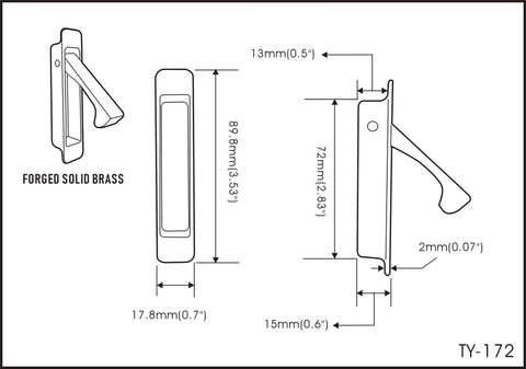 Diagram of Forged Solid Brass Edge Pull for Sliding Pocket Doors in Oil Rubbed Bronze finish with dimensions and self-retracting latch.