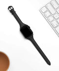 Killer Genuine Leather Watch Strap Compatible With Apple Watch For Women lightweight black leather band on white desk