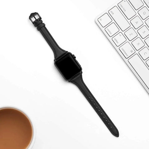 Killer Genuine Leather Watch Strap Compatible With Apple Watch For Women lightweight black leather band on white desk