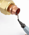 Swivel Head Deburring Tools Set With 5 Inch Aluminum Handle, Hardened Steel Blades used on a copper pipe edge