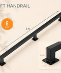 Dead Tight Six Foot Industrial Pipe Hand Rails For Indoor Stairs And Outdoor Decks Featuring Sleek Matte Black Finish with wall mount dimensions.