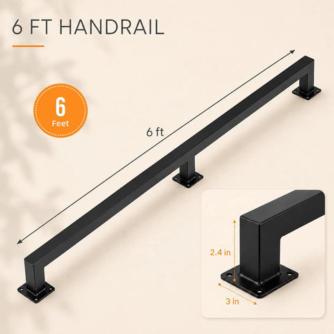 Dead Tight Six Foot Industrial Pipe Hand Rails For Indoor Stairs And Outdoor Decks Featuring Sleek Matte Black Finish with wall mount dimensions.