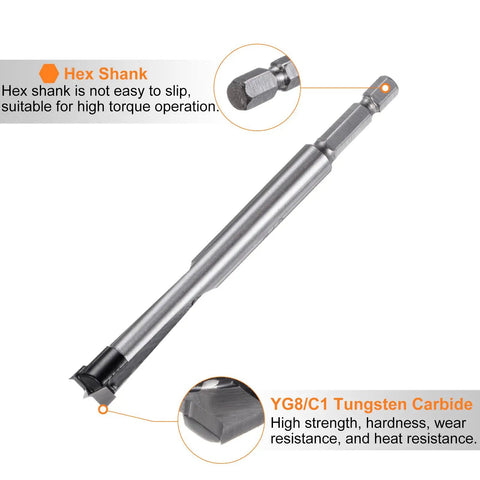Pro Grade Forstner Drill Bit 12mm 15/32 Inch Tungsten Carbide with 1/4 Hex Shank highlighted for high torque operation.