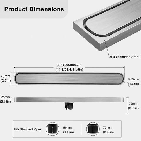 Product dimensions of Heavy Duty 304 Stainless Steel Rounded Linear Shower Drain With Reversible Tile Insert Cover.