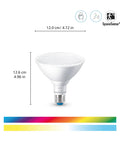 Motion Activated Color LED Light Bulb With WiFi Connectivity, Voice Or App Control, E26 Smart Socket, SpaceSense Motion Activation, 16 Million Colors, Matter Compatible, 120W PAR38, 1 Pack white bulb front view with dimensions