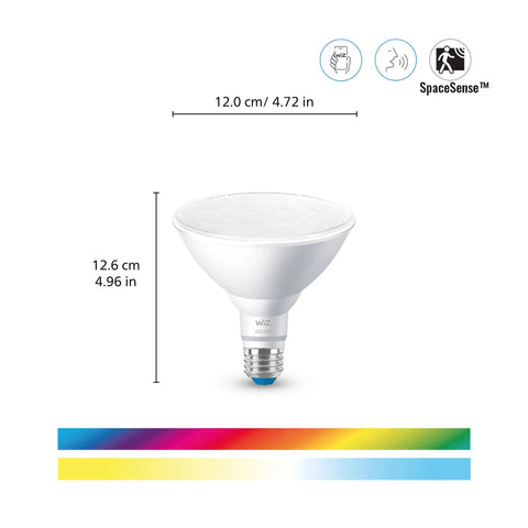 Motion Activated Color LED Light Bulb With WiFi Connectivity, Voice Or App Control, E26 Smart Socket, SpaceSense Motion Activation, 16 Million Colors, Matter Compatible, 120W PAR38, 1 Pack white bulb front view with dimensions