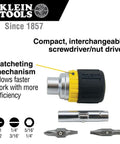 Compact Six In One Stubby Ratcheting Screwdriver With Phillips And Slotted Bits Plus One Quarter Inch And Three Sixteenth Inch Nut Drivers Cushioned Grip For Maximum Torque And Comfort Pro Grade Ideal For Tight Spots From Klein Tools side view showing components and ratcheting mechanism.