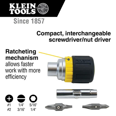 Compact Six In One Stubby Ratcheting Screwdriver With Phillips And Slotted Bits Plus One Quarter Inch And Three Sixteenth Inch Nut Drivers Cushioned Grip For Maximum Torque And Comfort Pro Grade Ideal For Tight Spots From Klein Tools side view showing components and ratcheting mechanism.