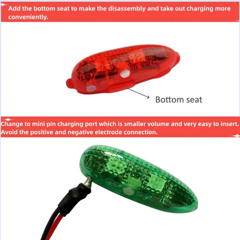 Red and green Crazy Light V3 Waterproof LED Light Kit for RC planes and quadcopters, showcasing charging port and bottom seat.