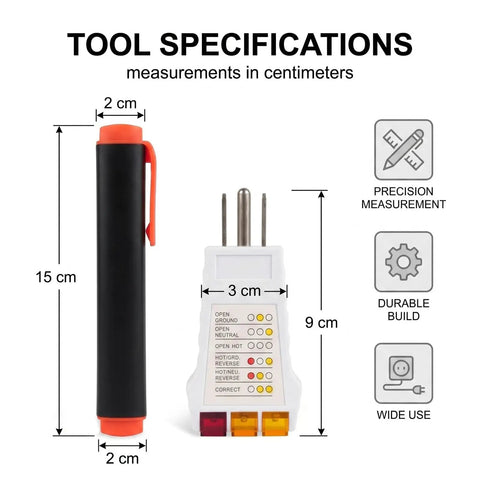 Grounding And Outlet Tester Kit For Home Electrical Safety, White Portable Plug In Detector For Quick Ground Check, Outlet Status, And DIY Wiring Troubleshooting, 15 cm pen and 9 cm tester