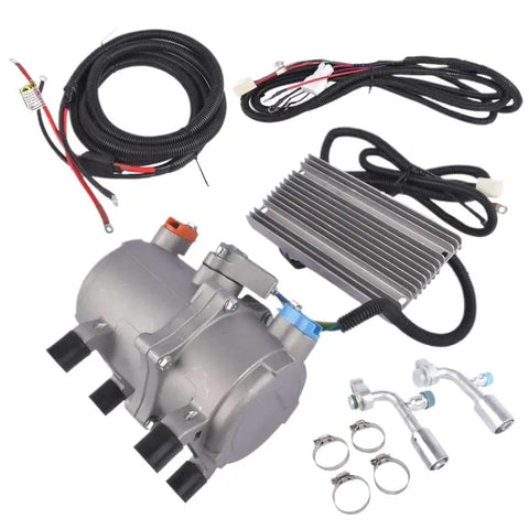 12V Electric AC Scroll Compressor Close Kit For Universal Car And Truck Air Conditioning with hoses and connectors included.