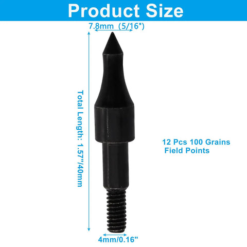 Beefy 12 Pack 100 Grain Archery Field Points For 5 16 Inch Arrows Practice Arrow Tips For Recurve Compound Bow And Crossbow Black
