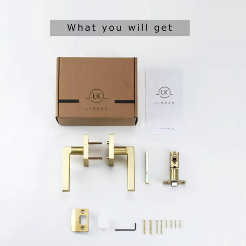 Components of Gold Satin Brass Lever Door Handles For Interior Doors, Keyless Passage Style, Modern Square Levers, 1 Pack shown